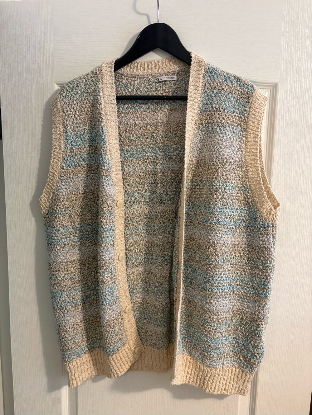 Zara Cream Bouclé Sleeveless Cardigan with Pale Blue Stripes